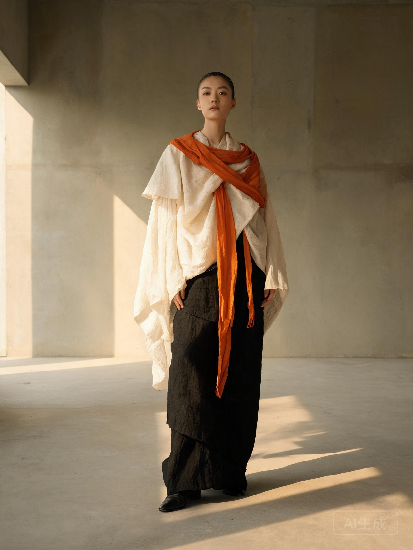 2026 春夏 Final Collection 大片：身着白色褶皱上衣与柿橙披帛的模特立于混凝土空间